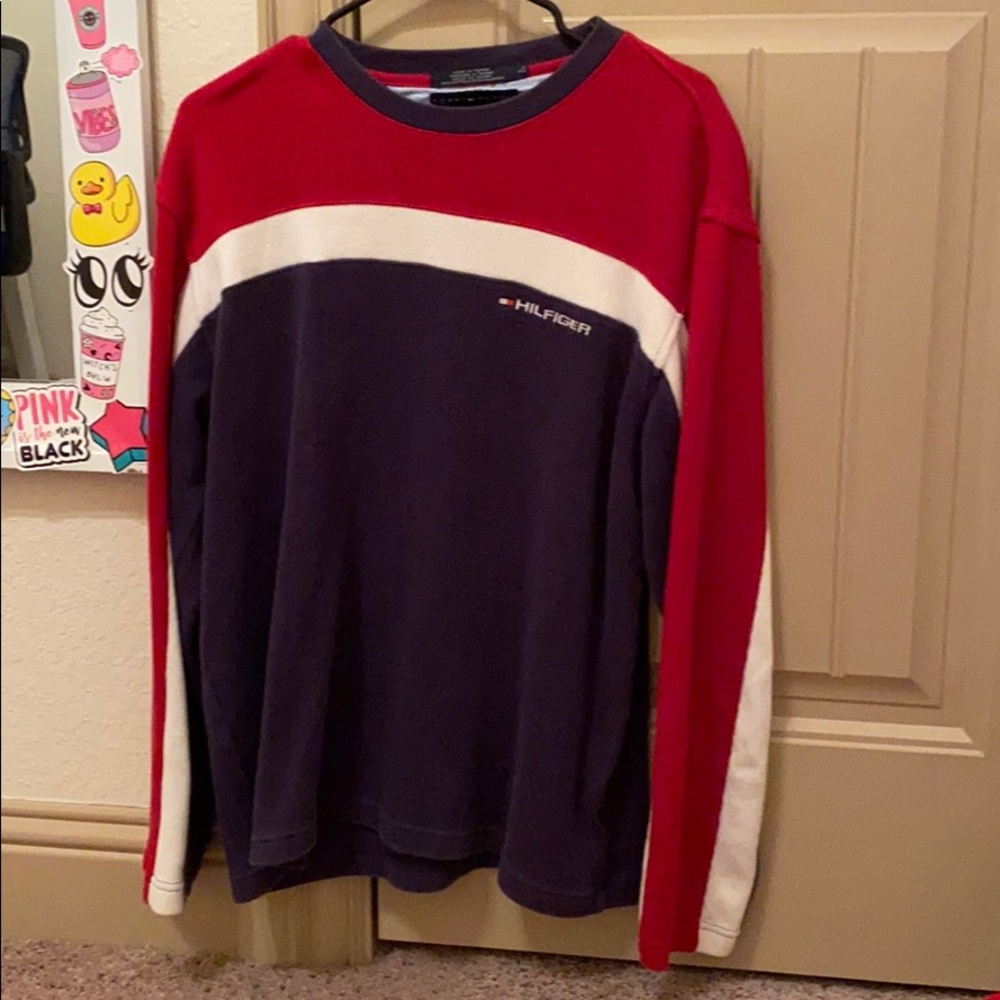 navy blue, white and red long sleeve